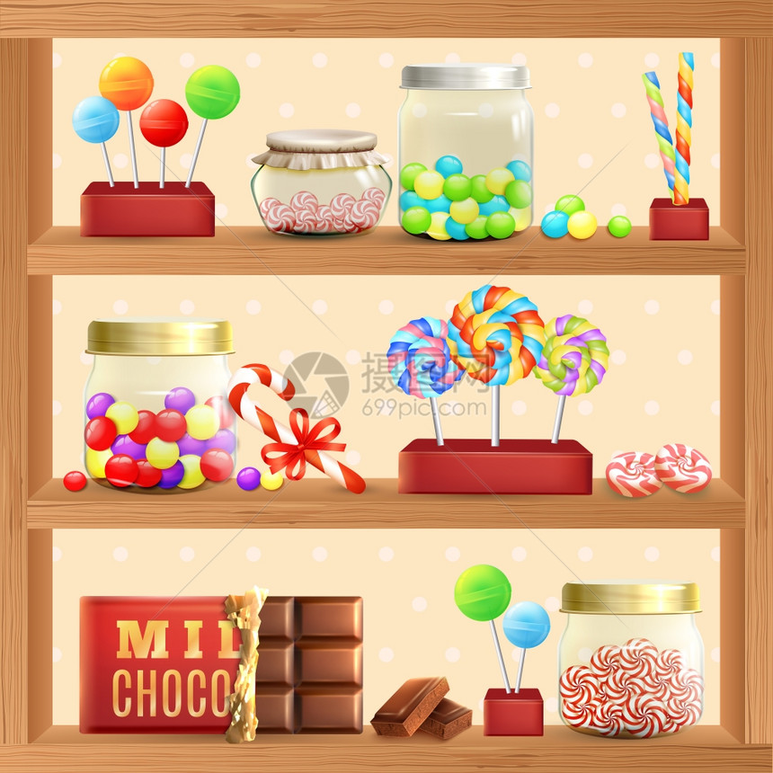 甜商店货架与糖果巧克力棒棒糖矢量插图甜蜜的商店货架图片