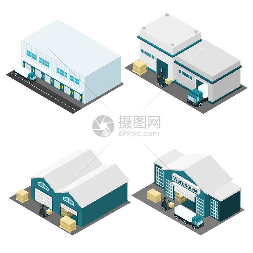 仓库等距图标仓库建筑等距图标卡车箱道路隔离矢量插图图片