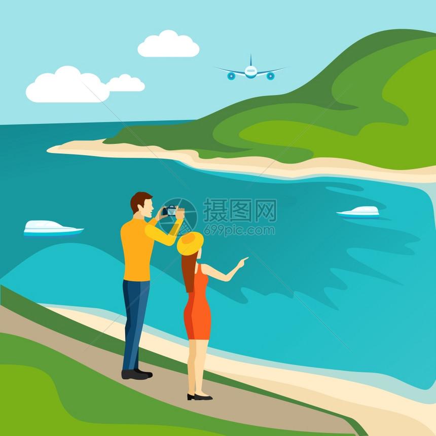 旅游旅游观光海报游客拍摄沙河河岸风景国际旅行社广告海报抽象矢量插图