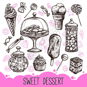 大卫麦卡勒姆甜甜点与手绘纸杯蛋糕糖果马卡龙矢量插图甜甜点套装插画