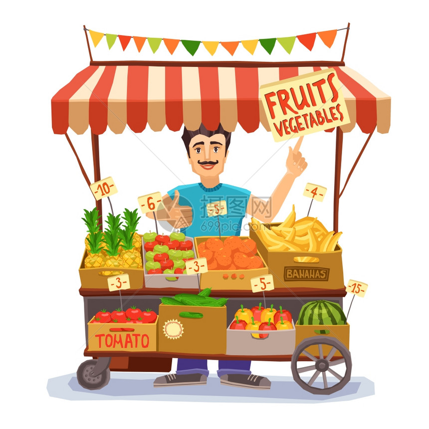 街头卖家与摊位水果蔬菜矢量插图街头卖家插图图片