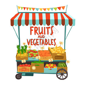 街头销售推车与水果蔬菜卡通矢量插图带水果的手推车背景图片