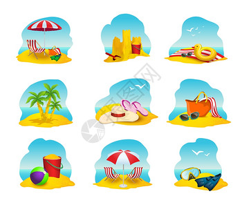 海滩图标海滩夏季卡通图标伞沙堡棕榈孤立矢量插图图片