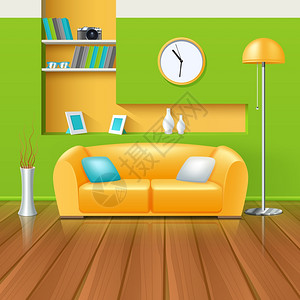 现代室内现代室内绿色黄彩范围与沙发花瓶时钟现实矢量插图背景图片