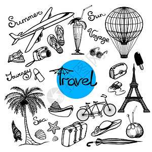 旅行涂鸦眼镜鸡尾酒行李孤立矢量插图旅行涂鸦套装图片