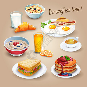 早餐水果早餐时间现实象形文字海报古典酒店早餐菜单海报与煎蛋,培根橙汁,逼真的象形文字成矢量插图插画