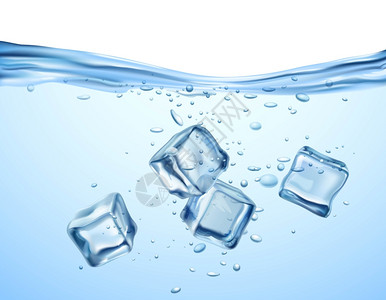 蓝色冰块元素现实的蓝色冰块漂浮透明的水矢量插图水里的冰块插画