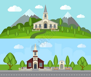 教堂建筑乡村景观平水平横幅矢量插图教堂平横幅套图片