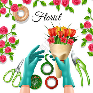 花店的颜色花与花卉设备工具郁金香玫瑰五颜六色的矢量插图背景图片