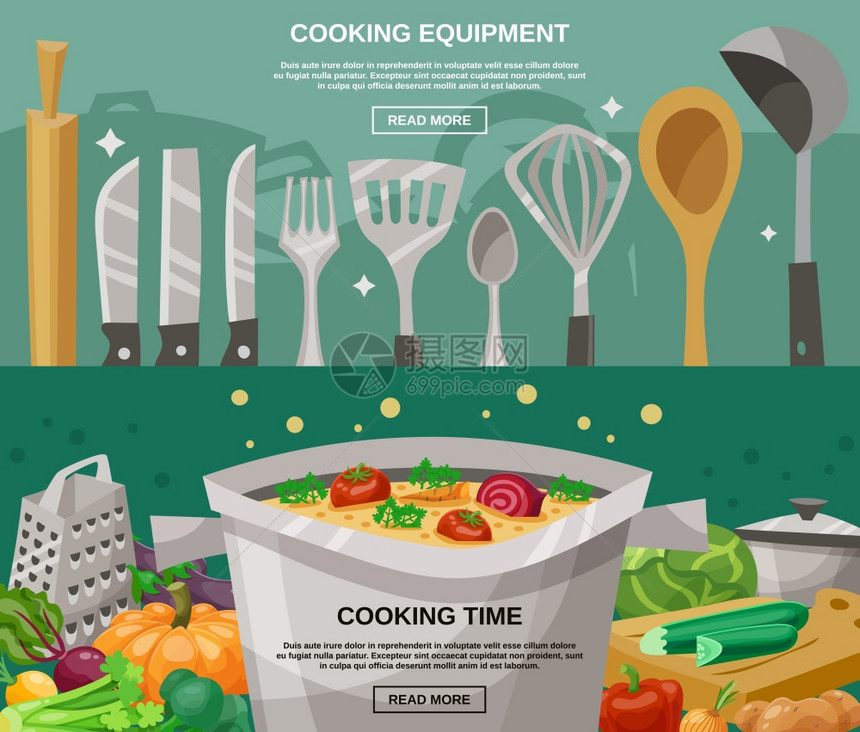 烹饪设备时间横幅烹饪设备时间水平横幅厨具蔬菜平隔离矢量插图图片