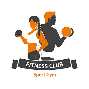 健身房标志健身俱乐部标志模板与男女剪影与哑铃矢量插图健身俱乐部标志插画
