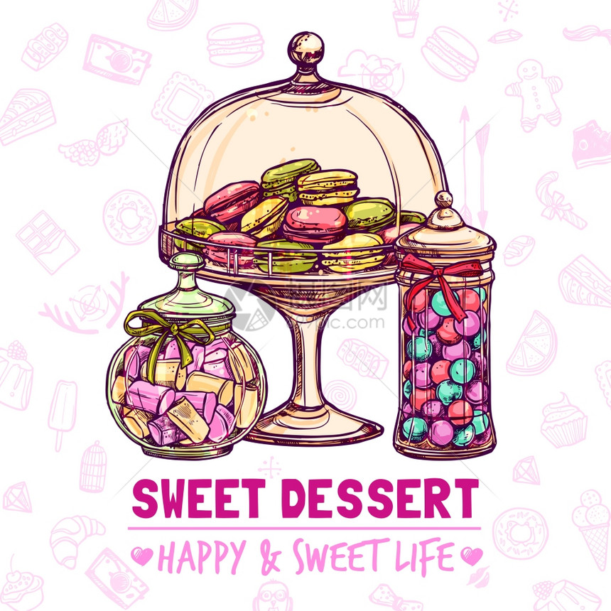 糖果店海报与糖果饼干马卡龙素描矢量插图糖果店海报图片