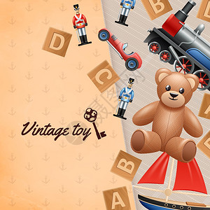 老式玩具背景老式玩具现实背景与玩具士兵汽车泰迪熊矢量插图图片
