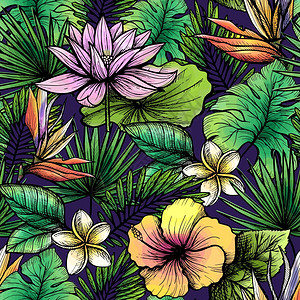 热带无缝图案与手绘树叶花卉矢量插图热带无缝图案图片