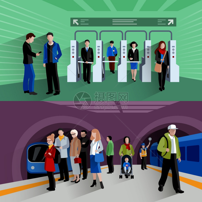 地铁乘客支付检查站地铁站2平横幅成抽象孤立矢量插图地铁乘客2平横幅成图片