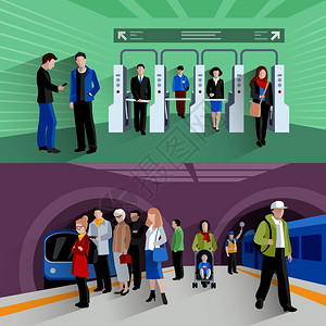 3号线地铁站地铁乘客支付检查站地铁站2平横幅成抽象孤立矢量插图地铁乘客2平横幅成插画