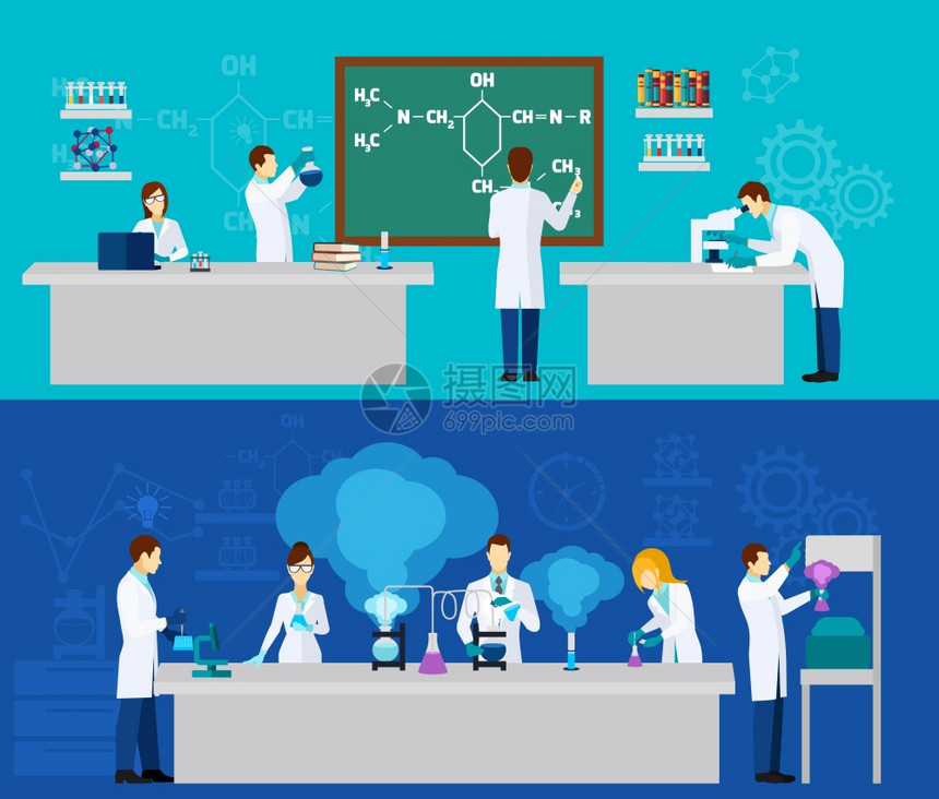科学家水平横幅与人们化学实验室矢量插图科学家横幅套图片