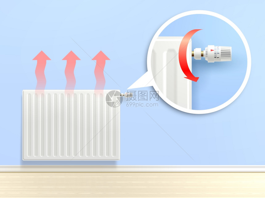 真实的加热散热器与温度旋钮变焦矢量插图现实的散热器插图图片