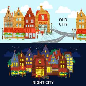 城市水平横幅与旧风格建筑日夜隔离矢量插图城市横幅套图片