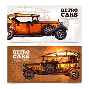 复古汽车水平横幅与手绘老式车辆孤立矢量插图复古汽车横幅图片
