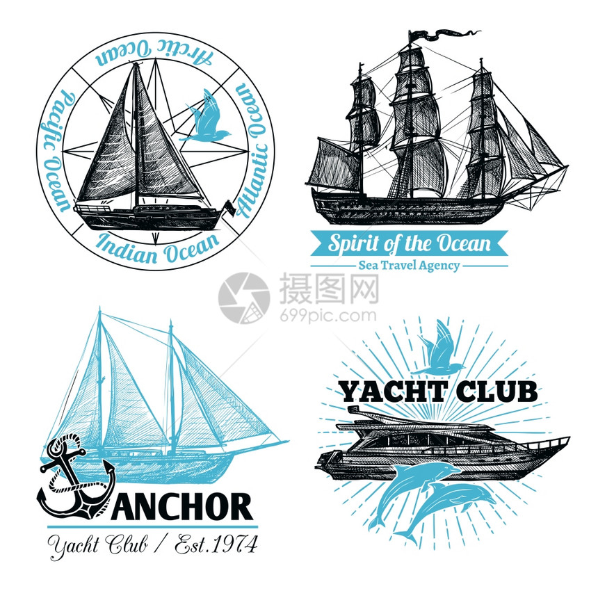 海洋标签手绘帆船游轮孤立矢量插图海洋标签图片