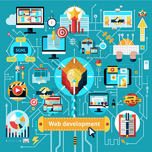 网页开发流程图与网站编程过程元素矢量插图网络开发流程图象征高清图片素材