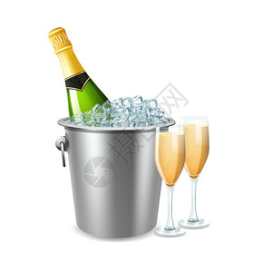 桶插图中的香槟香槟瓶冰桶两个完整的眼镜现实矢量插图插画
