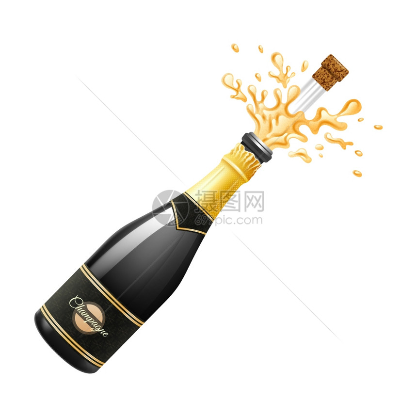 香槟爆炸插图黑色香槟瓶爆炸与软木塞飞溅的现实矢量插图图片