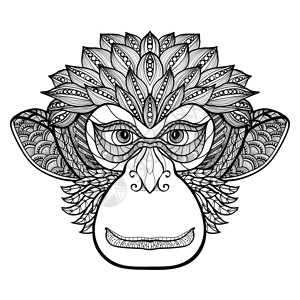 涂鸦正观看猴子脸与装饰装饰黑色矢量插图猴子涂鸦的脸图片