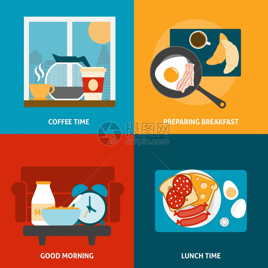 早餐午餐图标早餐午餐咖啡时间图标与准备膳食平孤立矢量插图图片