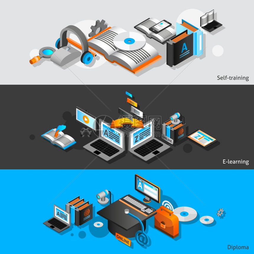 电子学水平横幅自培训文凭等距元素孤立矢量插图电子学等距横幅图片