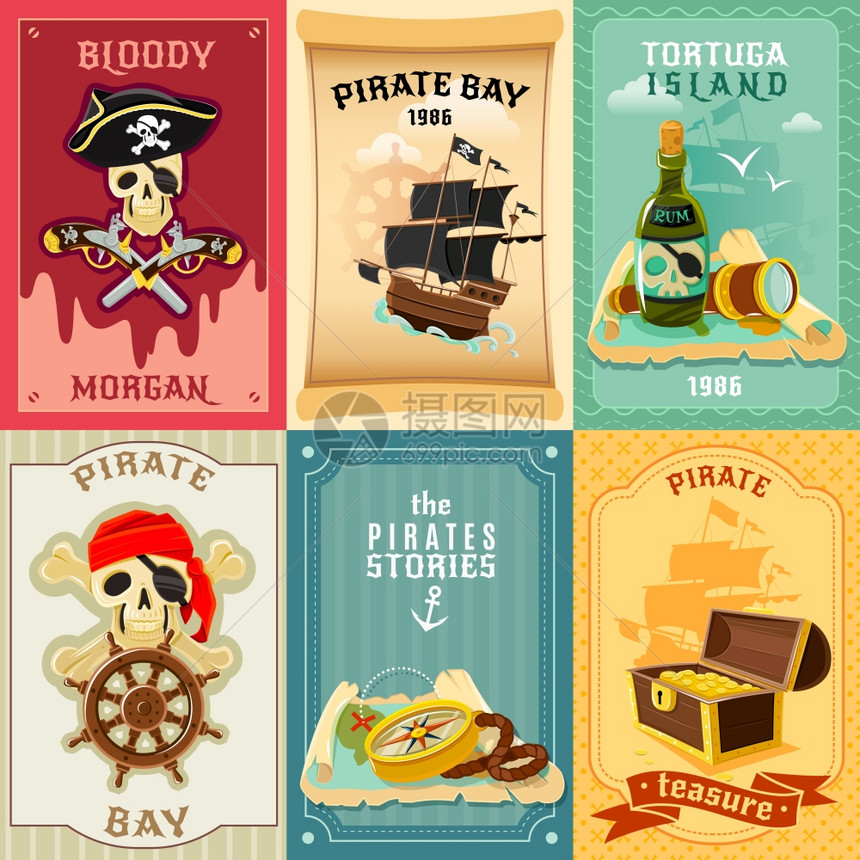 海盗平图标构图海报复古风格儿童海盗故事6平横幅构图海报与宝箱抽象孤立矢量插图图片