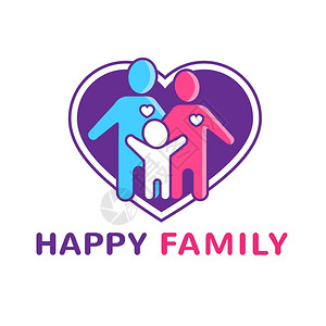 家庭标志插图快乐的家庭标志与父母的孩子大心脏平矢量插图插画