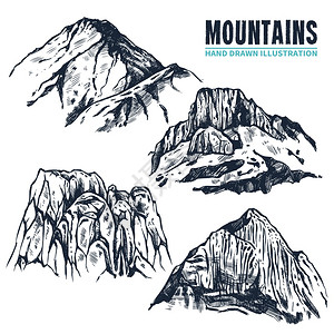 手绘山脉轮廓手绘同形式的山脉及其山峰的轮廓白色背景孤立矢量插图上图片
