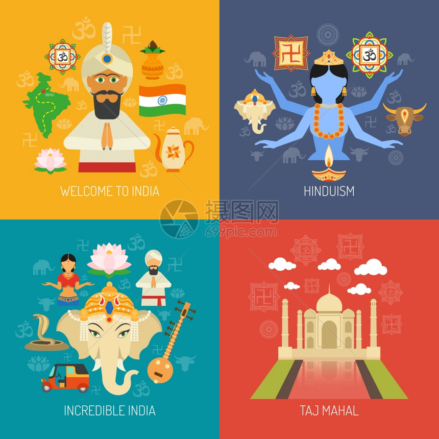 印度理念集印度教宗教平图标孤立矢量插图印度集图片