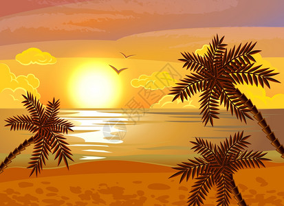 海湾日落热带海滩日落海报热带海滩日落异国情调的暑假海报与傍晚海景棕榈平抽象矢量插图插画