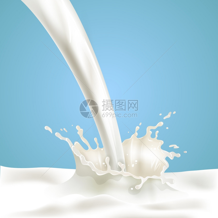 用飞溅的广告海报倒牛奶倒入新鲜奶油豆浆,溅蓝色背景下健康选择广告横幅抽象矢量插图图片