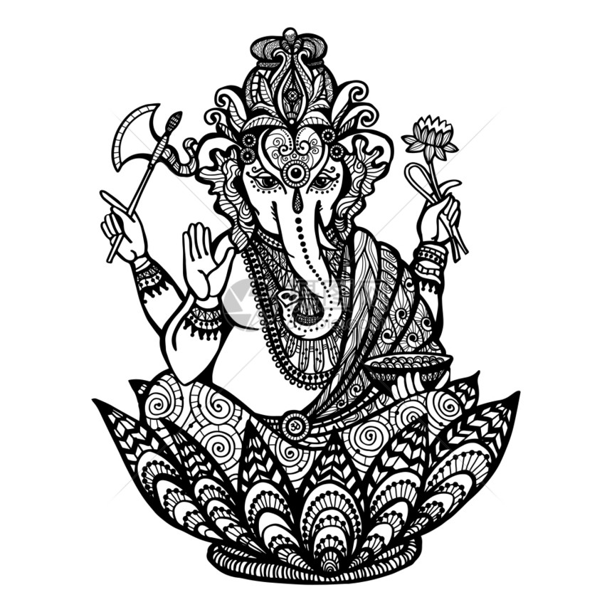 装饰Ganesha印度教神坐莲花手画矢量插图装饰Ganesha插图图片