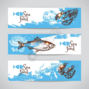 海鲜标志手绘海鲜矢量横幅草图海背景集菜单插画