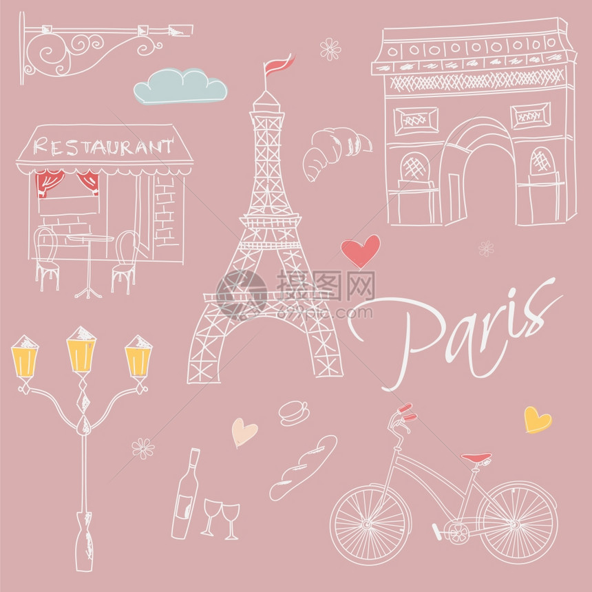 巴黎符号,明信片,手绘,矢量插图图片