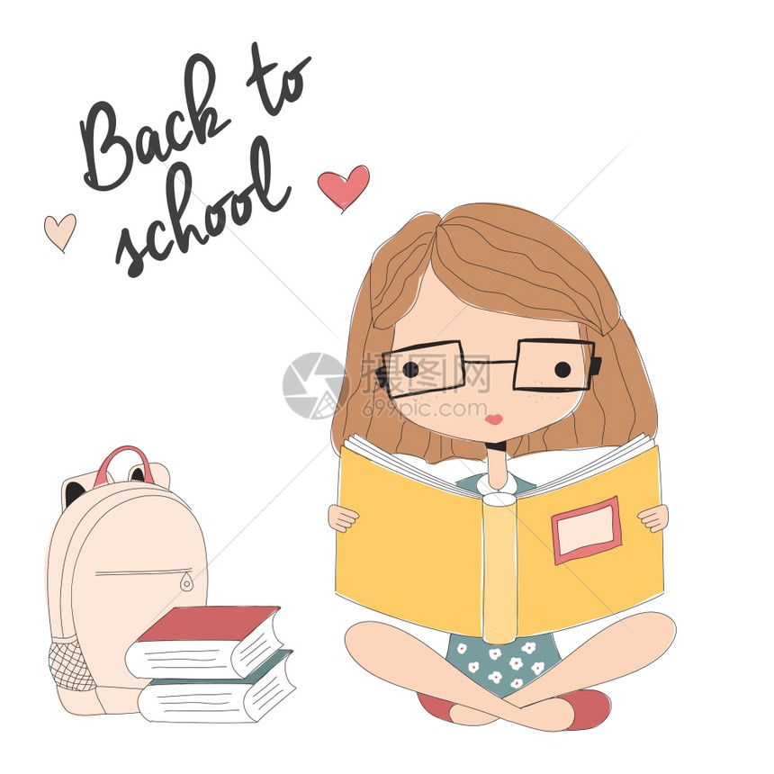 带眼镜的轻女孩读本书,回学校,矢量插图图片