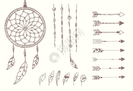 手绘美洲本土羽毛,捕梦器,珠子箭头,矢量插图背景图片
