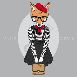 拟人化时尚插图的狐狸女孩打扮成法国复古风格图片