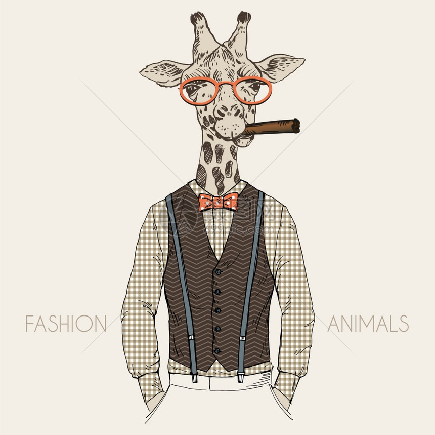 拟人化长颈鹿穿着复古风格的时尚插图图片