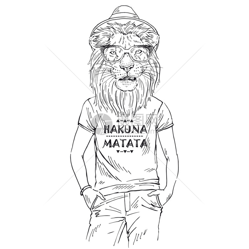拟人化手绘种颜色的狮子素描,穿着t恤,引用HakunaMatata孤立白色上图片