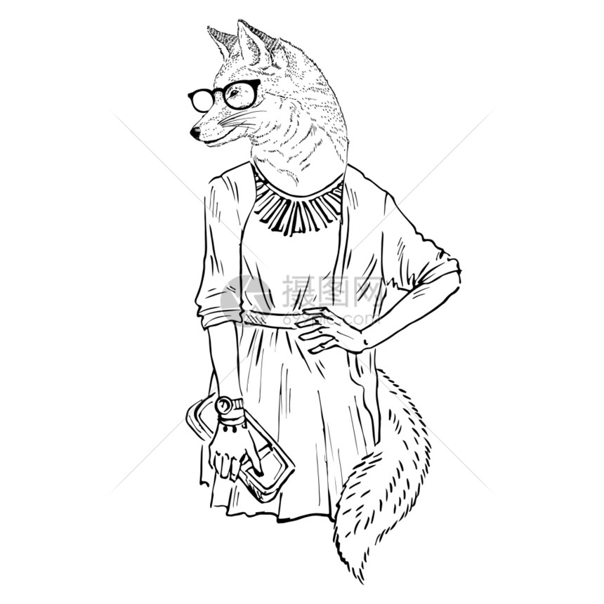 手绘插图打扮的狐狸女孩图片