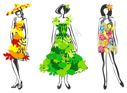 自然时尚穿着叶子花裙子的女孩矢量插图图片