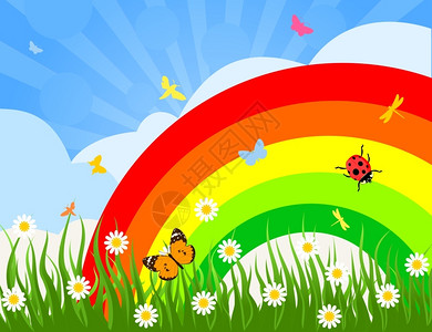 彩虹彩虹笼罩着片昆虫矢量插图图片