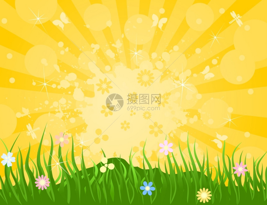 spring6春天的太阳背景草矢量插图图片