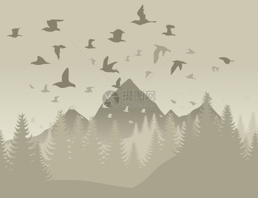 山中的鸟鸟儿飞过群山矢量插图图片